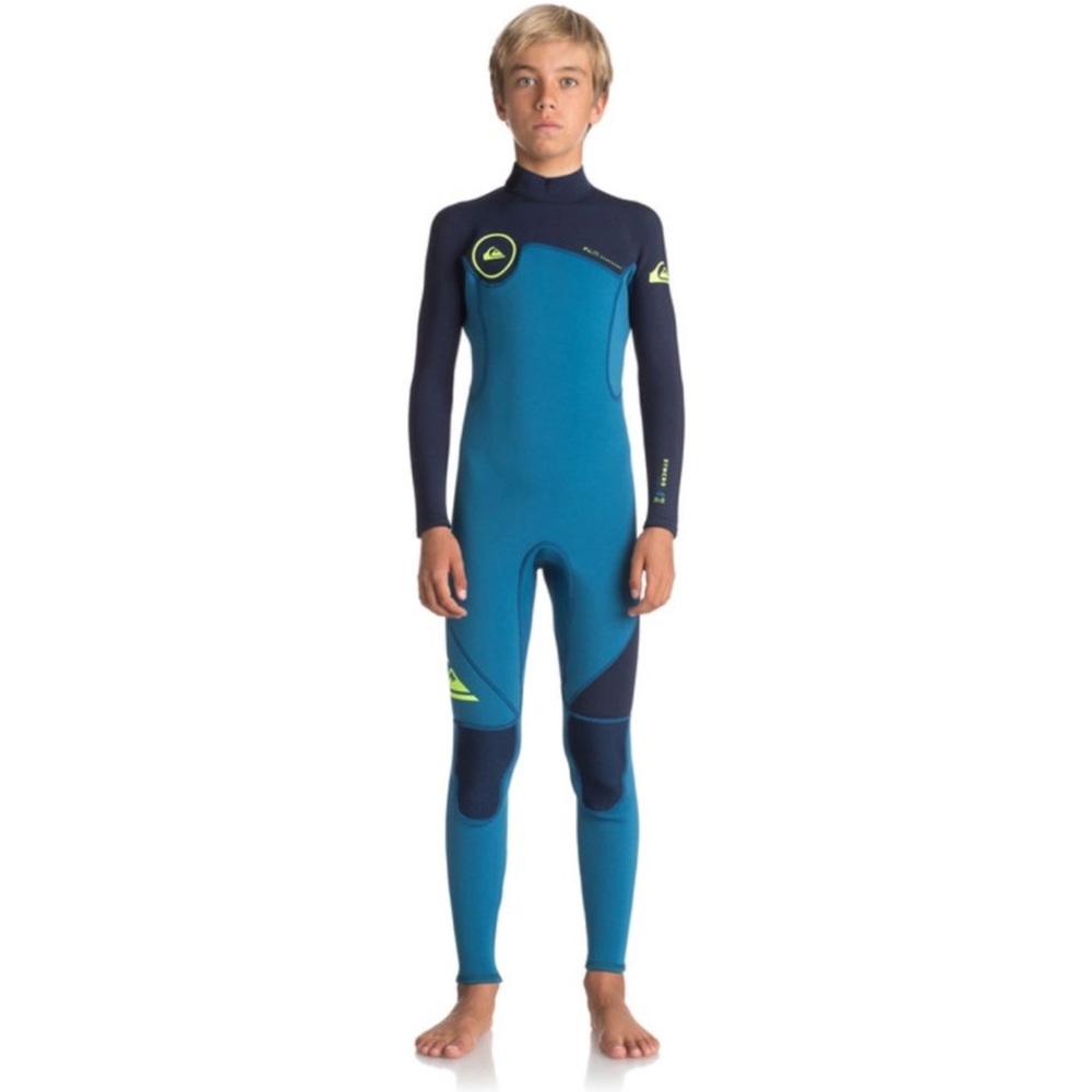Quiksilver synchro 3/2mm full Teal and Navy Wetsuit with Yellow Highlights